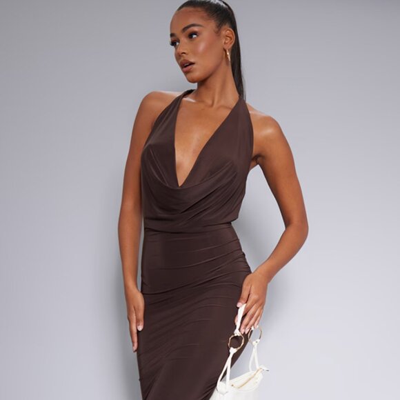 PrettyLittleThing Dresses & Skirts - Chocolate Slinky Cowl Strappy Detail Midaxi Dress - NWT